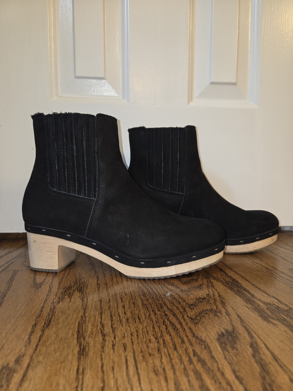 LOFT Women's Black Suede Ankle Boots with Wood Block Heel